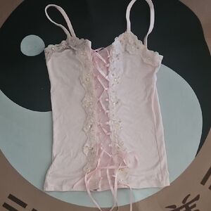 Pink Lace-Up Trim Cami Top